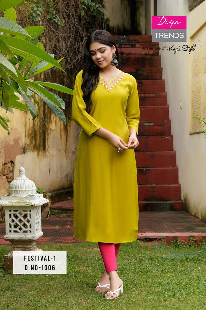 Festival Vol 1 By Diya Trends Roman Silk Embroidery Kurtis Suppliers In India